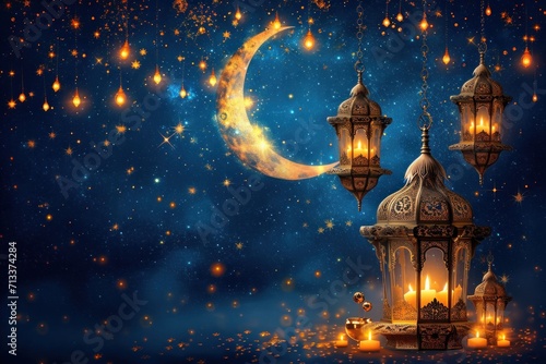 Ramadan Kareem background. Ornamental Arabic lantern with burning candle glowing . Festive greeting card, invitation for Muslim holy month Ramadan Kareem.