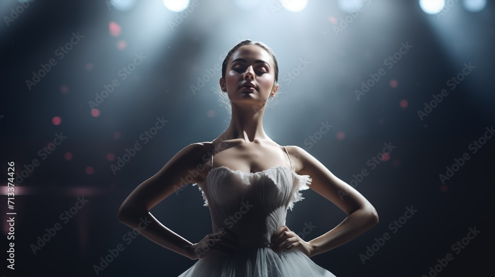 A ballerina on stage in the spotlight performs a Swan dance