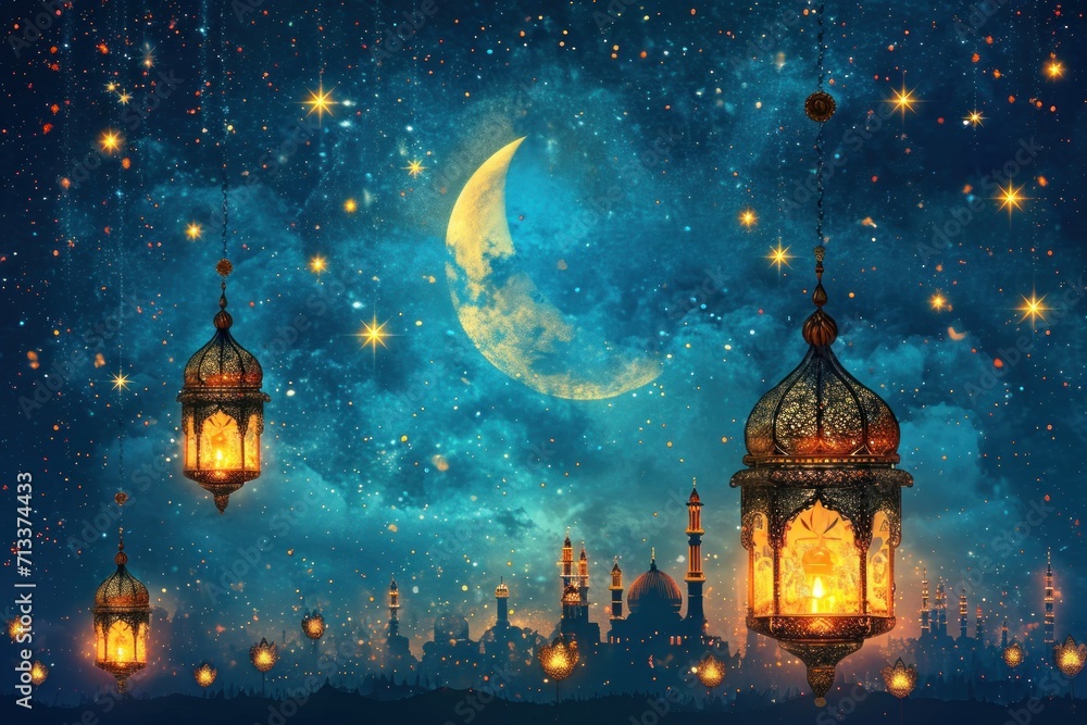 Ramadan Kareem background. Ornamental Arabic lantern with burning candle glowing . Festive greeting card, invitation for Muslim holy month Ramadan Kareem.