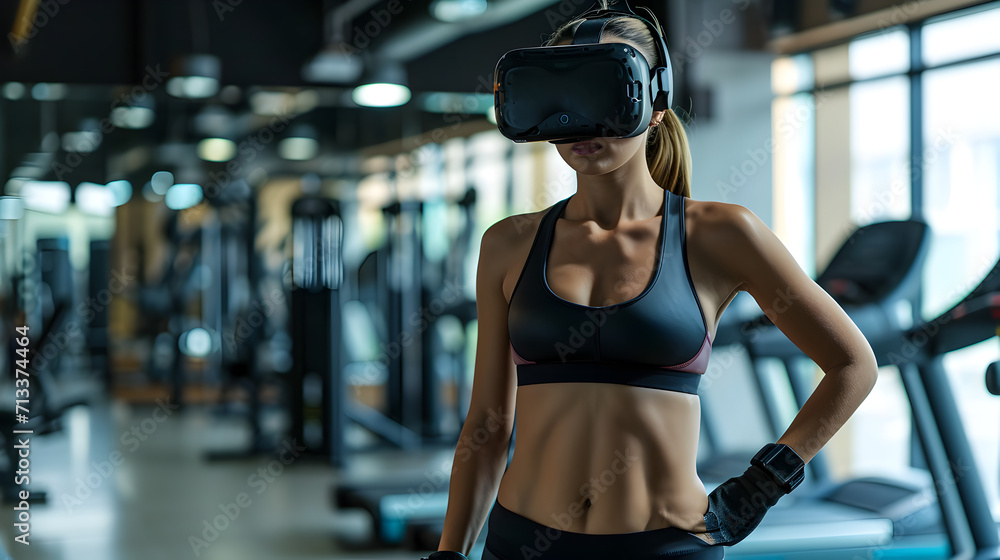 Photograph of one woman at the gym wearing a VR headset. Photograph of one woman at the gym wearing a VR headset.