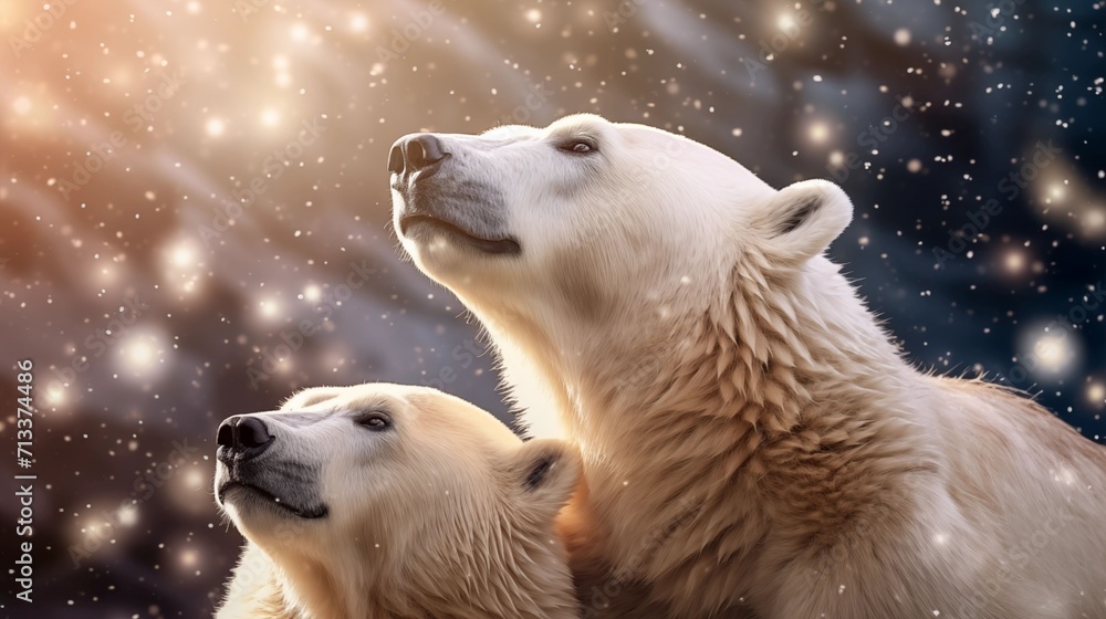 Polar bears under bright sunlight on a winter background with falling snowflakes glistening in the rays of the sun Polar bears under bright sunlight on a winter background with falling snowflakes glistening in the rays of the sun