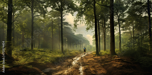 man running through woods, in the style of photo-realistic landscapes, dutch landscape, wimmelbilder


 photo