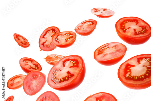 tomato slices flying isolated on white background