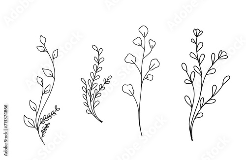 Floral branch and minimalist flowers for logo or tattoo. Hand drawn line wedding herb, elegant leaves for invitation save the date card. Botanical rustic trendy