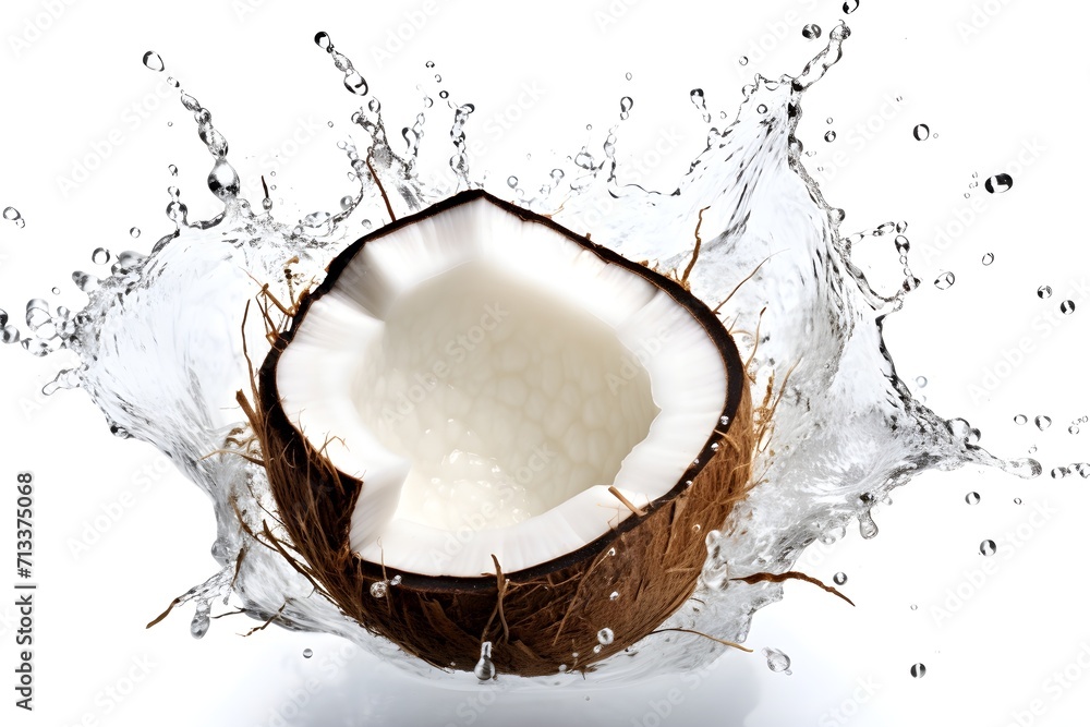 coconut splashing with clear water isolated on white background coconut splashing with clear water isolated on white background