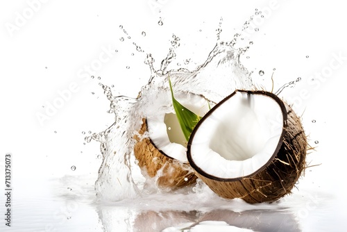 coconut splashing with clear water isolated on white background