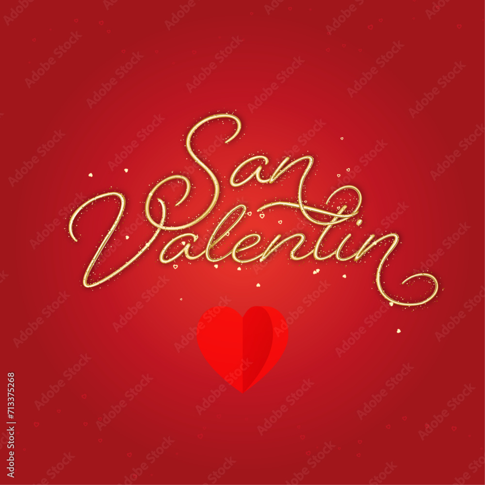 San Valentin gold script lettering with red heart on gradient background
