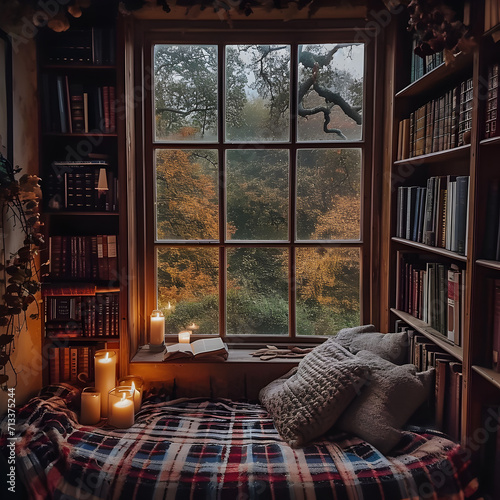 cozy reading nook, near a big window, plaid pattern, old house, romantic, candlelight, big bookcase, books, warm autumn colors, rainy day. 3d render.