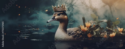 Duck in a crown on blurred background with flowers. Cute and funny duckling king or prince duck. Happy Easter concept