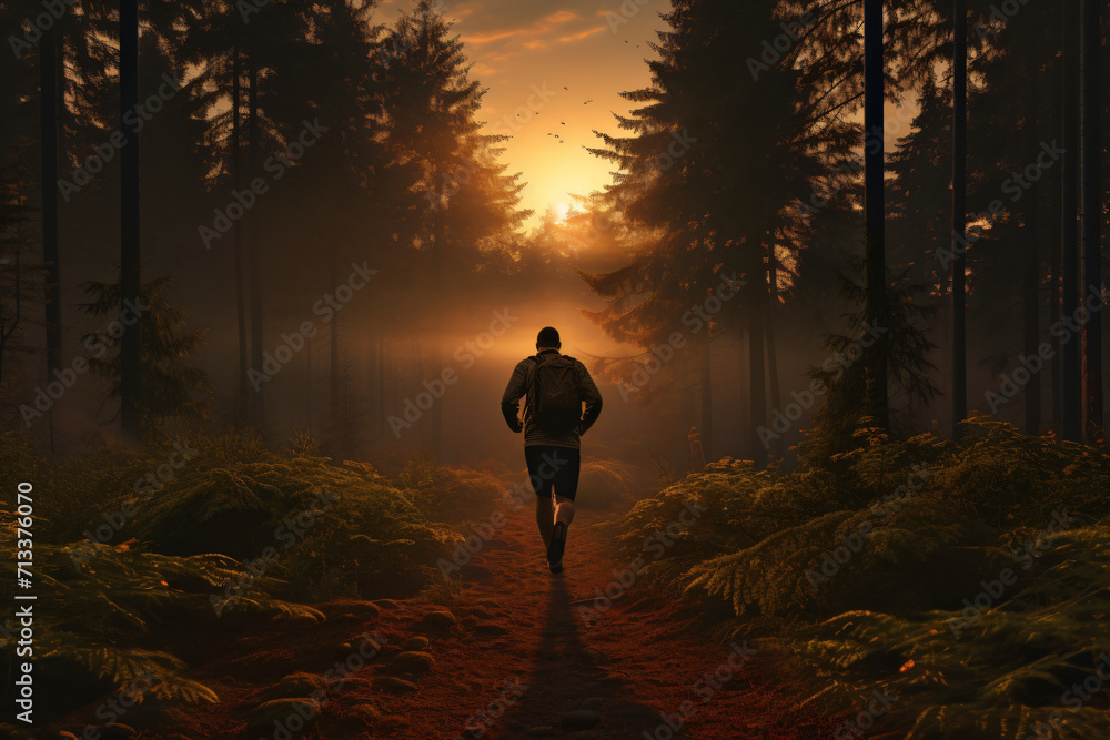 a man running in the forest at sunset, in the style of photorealistic detail, shaped canvas, wimmelbilder, pentax k1000, landscape-focused, warmcore, traditional


