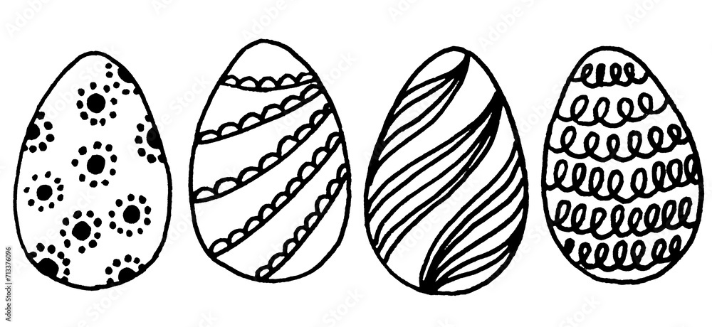Set collection of hand drawn black lined easter eggs with different dots, waves, lines.Easter party isolated elements.Isolated