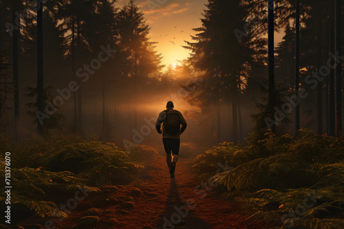 a man running in the forest at sunset, in the style of photorealistic detail, shaped canvas, wimmelbilder, pentax k1000, landscape-focused, warmcore, traditional


 photo