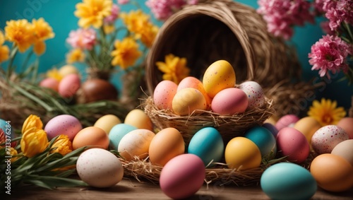Colorful easter eggs in basket and spring flowers 