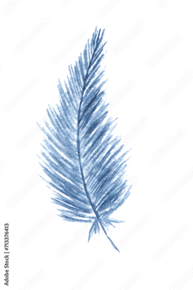 Fototapeta premium Isolated hand drawn watercolor soft blue colored feather quill for easter party design element cards, invitation.Boho style