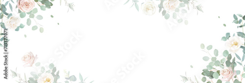 Light pink rose, white peony, magnolia, blush ranunculus, eucalyptus, greenery, fern vector design frame.