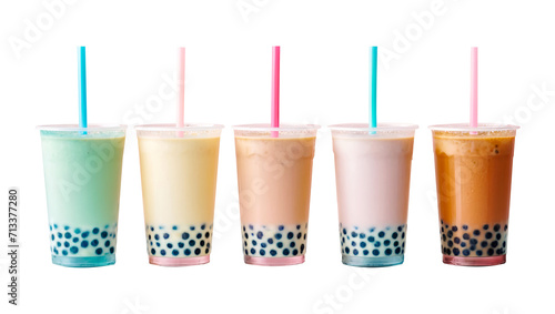 Commercial photography. variety of bobba bubble milk tea in transparent plastic cups png standing in a line isolated on flat pastel background. Ai Generated © Alanh