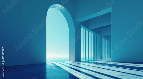 A futuristic archway background, framed by turquoise walls.