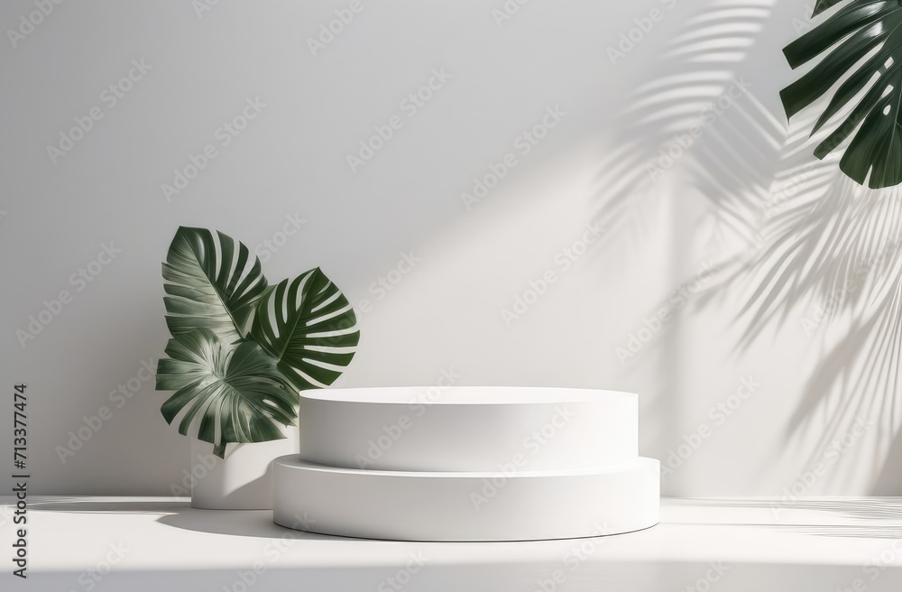 White podium stand layout of the showcase template for product presentation, decorated with tropical leaves White podium stand layout of the showcase template for product presentation, decorated with tropical leaves