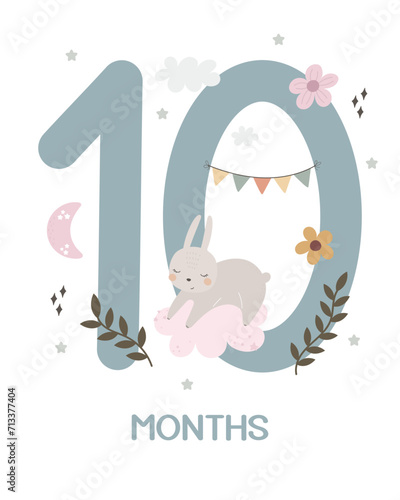 Baby milestone card. Cartoon bunny, number, hand drawing lettering, decor elements. Colorful vector illustration, flat style. design for greeting cards, print, poster