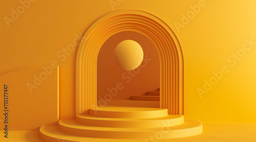 A futuristic archway background, framed by yellow walls.