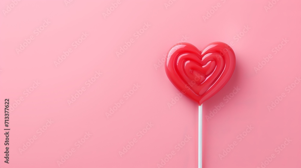 Red sweet sugar heart-shaped lollipop on a pink pastel trendy color background. Valentine's Day concept. Generated by AI. Red sweet sugar heart-shaped lollipop on a pink pastel trendy color background. Valentine's Day concept. Generated by AI.