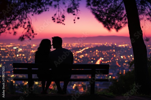 A romantic silhouette of a couple sitting close together on a bench, overlooking a cityscape at night.