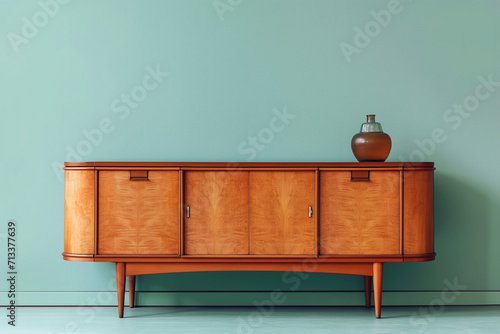 Modernist 1950s wooden credenza on a colorful background with vase and flowers - Generative AI photo