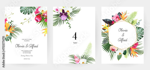 Tropical flowers and leaves vector design cards. White orchid, strelitzia, protea, calla, monstera, jungle palm leaves