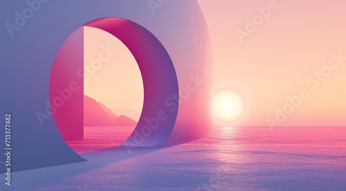 A futuristic archway background, framed by purple walls during a serene sunset.