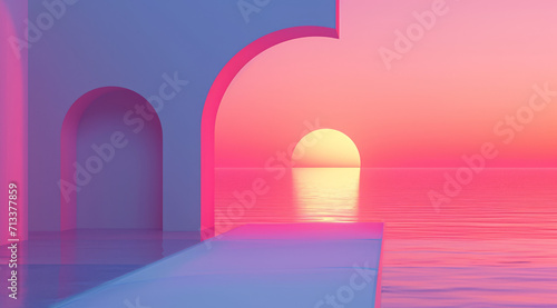 A futuristic archway background, framed by blue walls during a serene sunset.