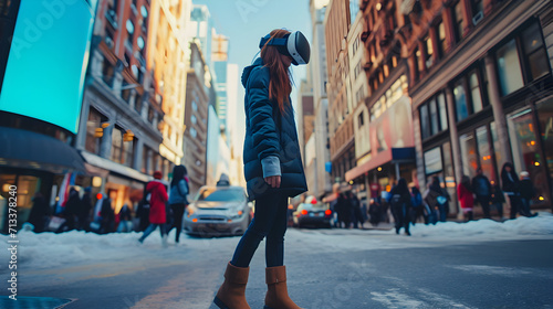Photograph of one woman walking on the street wearing a VR headset. photo