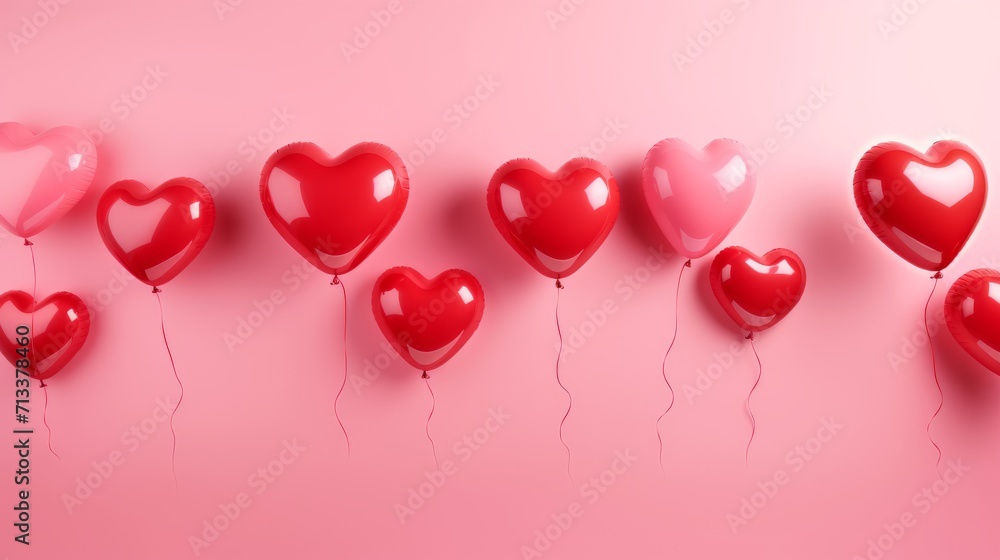 Pink and red heart shaped balloons on trendy color pastel background generated AI, Horizontal greeting card. Pink and red heart shaped balloons on trendy color pastel background generated AI, Horizontal greeting card.