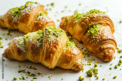 fresh croissants with pistachio nuts on a white background