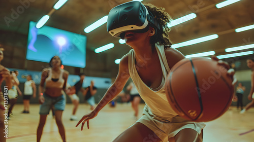 Photograph of one woman playing basketball wearing a VR headset. photo