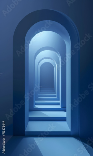 A futuristic archway background, framed by blue walls.