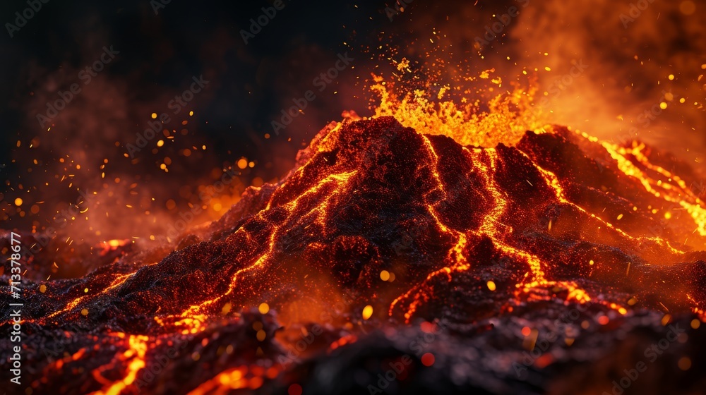Abstract visualization of a fiery volcano with erupting lava and dynamic reds and oranges background
