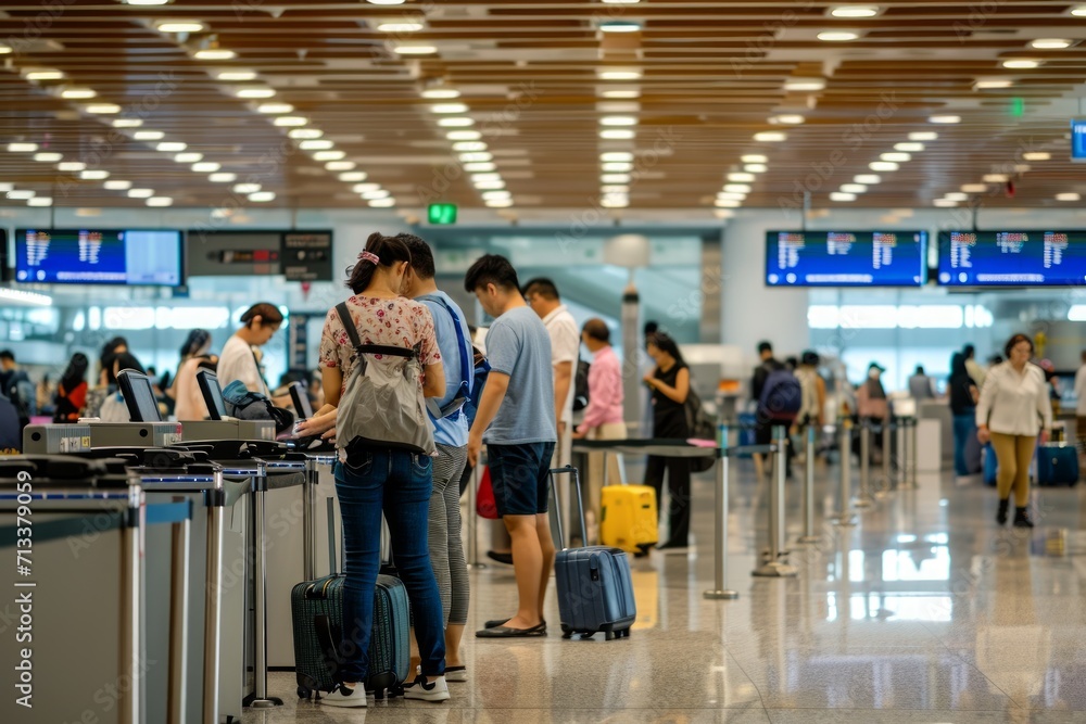 Travelers at check-in counters in airport terminal Travelers at check-in counters in airport terminal
