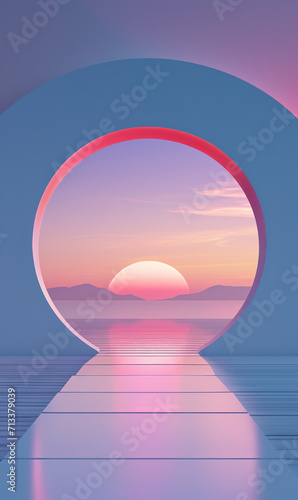 A futuristic archway background with sunset, framed by blue walls.