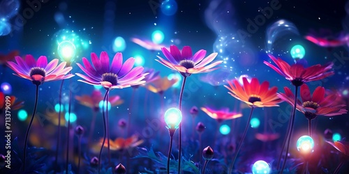 Background picture. Stunning luxury neon vivid glitter flowers fantasy and colorfull flowers field Extremely photorealistic  wide lens using