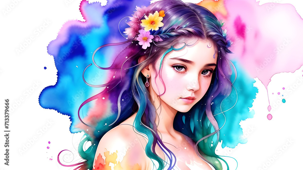 Fototapeta premium illustration water color of a beautiful asian woman with bright colorful hair