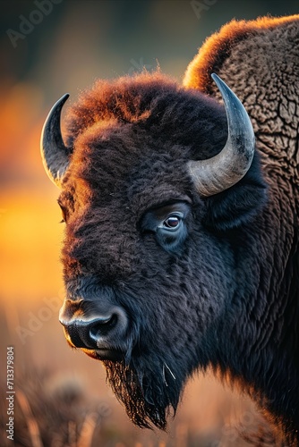 Majestic Bison in Yellowstone, Detailed side portrait of a walking bison, powerful and stoic, set against a softly blurred prairie landscape background, in the warm light of sunset.