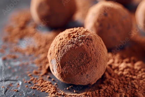Close-up of a creamy chocolate truffle dusted with cocoa powder, exemplifying luxury and indulgence