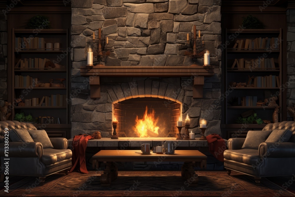Cozy fireplace lounge with plush sofas, warm lighting, and a rustic aesthetic
