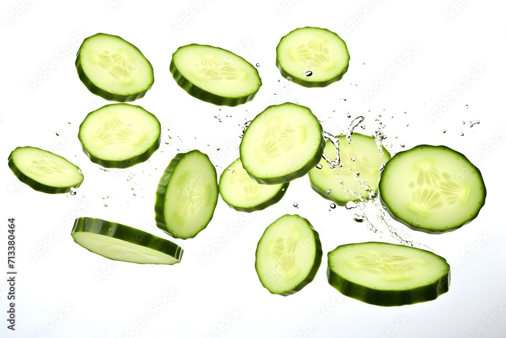 cucumber slices splashing with clear water in the air isolated on white background