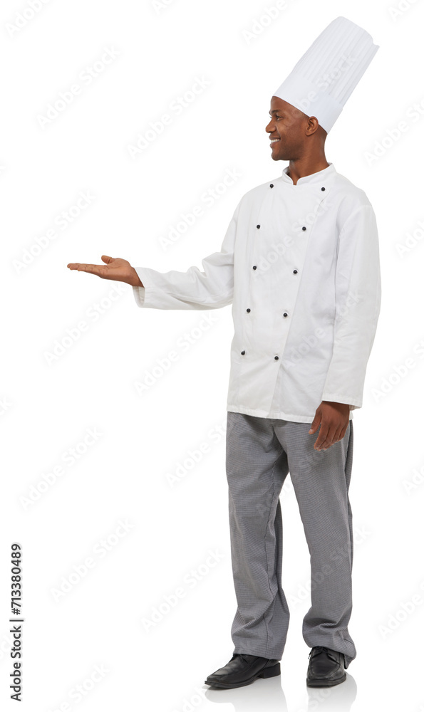 Happy, chef and hand gesture in studio with friendly service and professional cook in hospitality job. Black man, positive and open palm small business in pride and uniform by hat by white background Happy, chef and hand gesture in studio with friendly service and professional cook in hospitality job. Black man, positive and open palm small business in pride and uniform by hat by white background