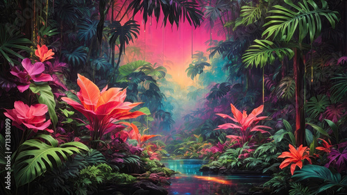 tropical forest in neon bright and rich colors