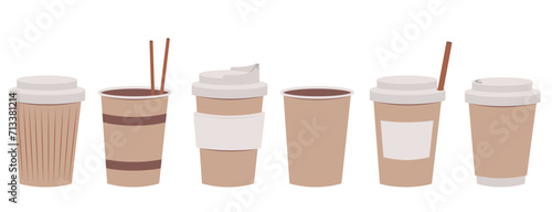 Isolated set of coffee cup paper containers take away with drinking straw in cartoon style with empty sticker.
