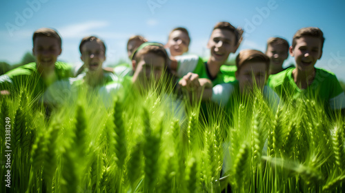 Un champ de blé avec de jeunes épis de blé encore vert. photo