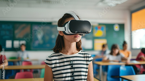 Photograph of one woman in a school classroom wearing a VR headset.