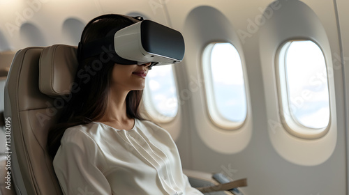 Photograph of one woman at a plane seat wearing a VR headset.
